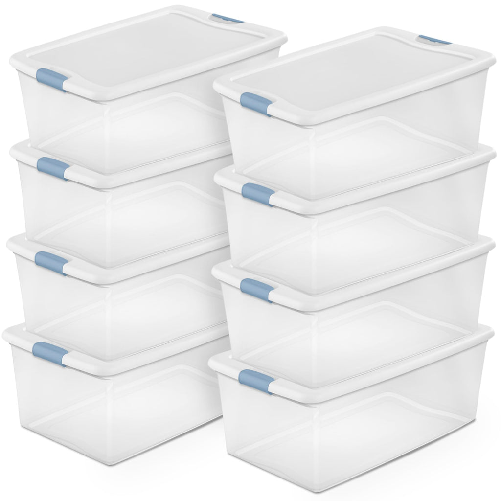 Sterilite Latching Storage Box, Stackable Bin with Latch Lid, Plastic Container to Organize Shoes on Closet Shelf, Clear with White Lid
