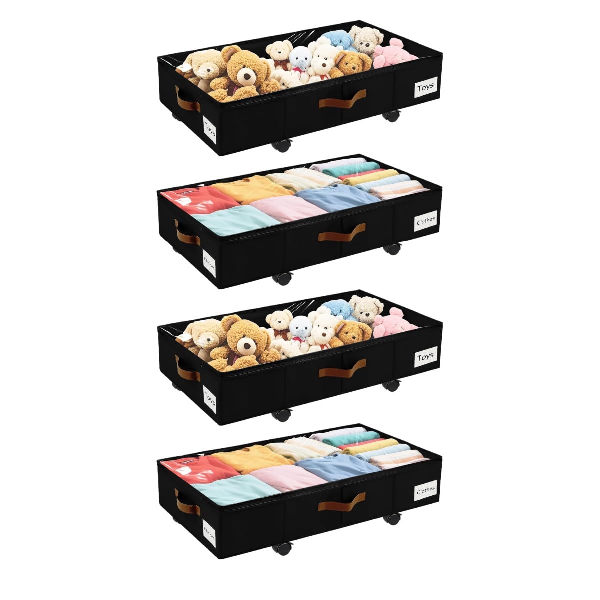 VatFott Under Bed Storage with Wheels,Underbed Storage with Sturdy Sidewalls/Bottom, Clear Cover, Label and PU Handle, Rolling Under Bed Drawers for Clothes, Shoes, Toys, Blankets