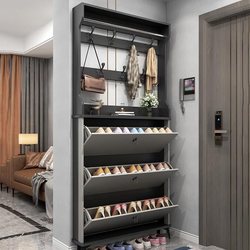 YMGSCC Large Capacity Space Saving Storage Shoe Rack Thin Shoe Cabinet with Coat Hanger flip Bucket Shoe Cabinet at Home Door