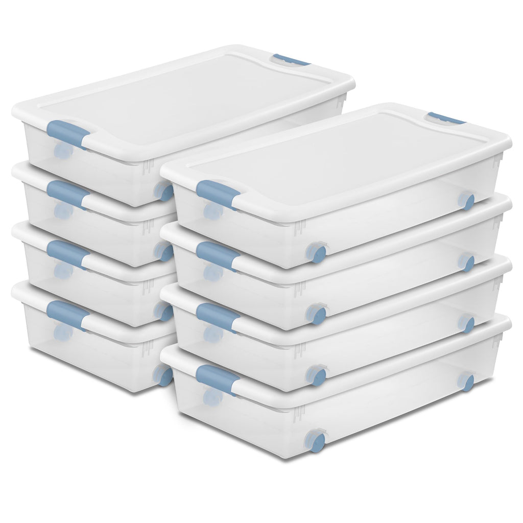 Sterilite Latching Storage Box, Stackable Bin with Latch Lid, Plastic Container to Organize Shoes on Closet Shelf, Clear with White Lid