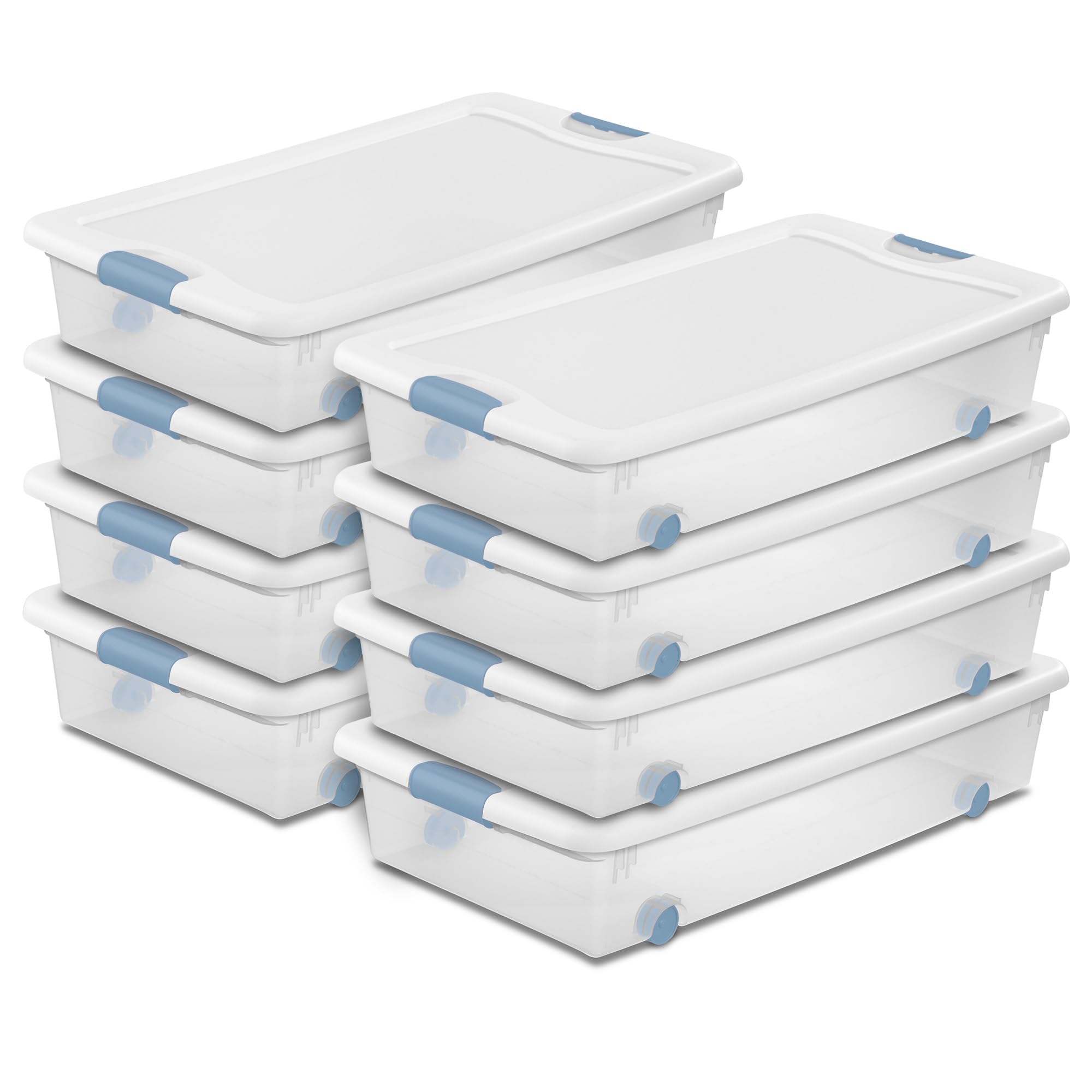 Sterilite Latching Storage Box, Stackable Bin with Latch Lid, Plastic Container to Organize Shoes on Closet Shelf, Clear with White Lid