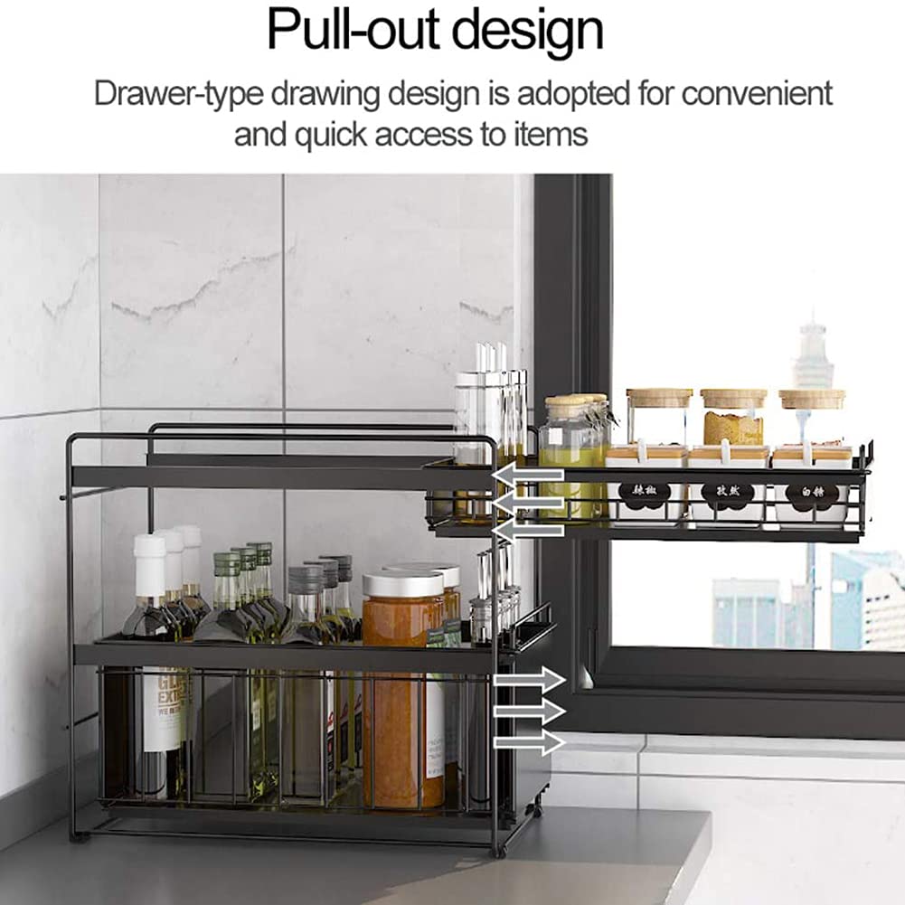 Drawers Under Sink Under Sink Storage Kitchen 2 Tier Sliding Basket Stackable Cabinet Organizer for Under The Sink Space Saving in Kitchens Bathrooms Pink Large (White Small) (Black Small)