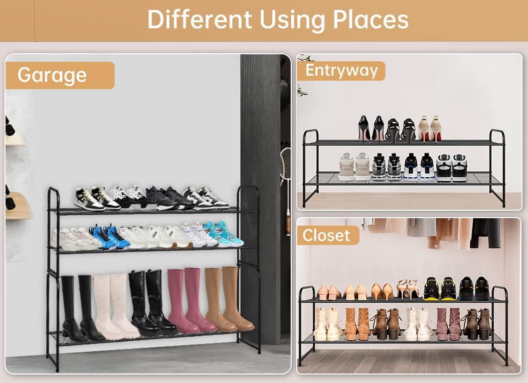 KEETDY 3-Tier Long Shoe Rack for Closet Metal Shoe Organizer for Entryway, Wide Stackable Shoe Storage Shelf with Sturdy Wire Grid for Closet Floor, Bedroom