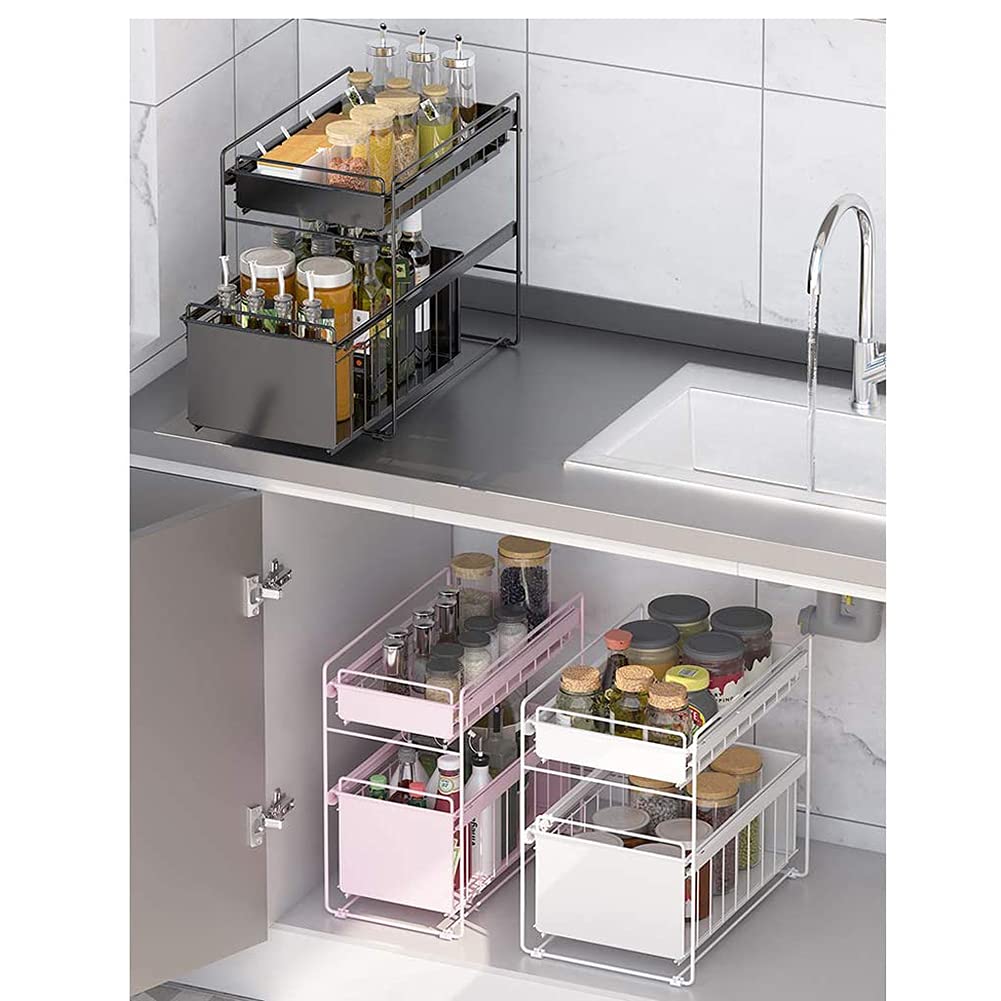 Drawers Under Sink Under Sink Storage Kitchen 2 Tier Sliding Basket Stackable Cabinet Organizer for Under The Sink Space Saving in Kitchens Bathrooms Pink Large (White Small) (Black Small)