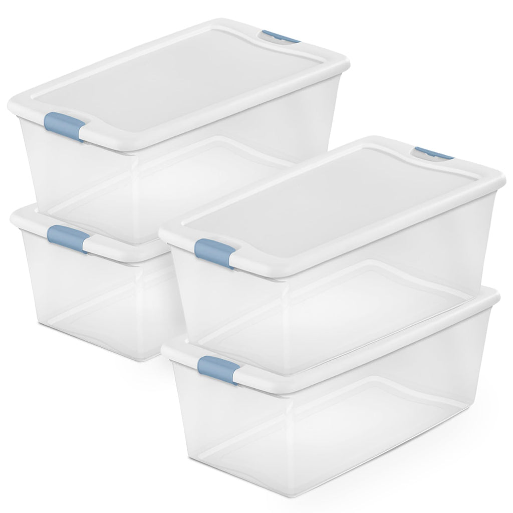 Sterilite Latching Storage Box, Stackable Bin with Latch Lid, Plastic Container to Organize Shoes on Closet Shelf, Clear with White Lid