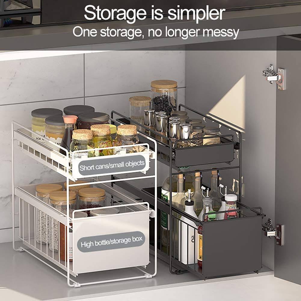 Drawers Under Sink Under Sink Storage Kitchen 2 Tier Sliding Basket Stackable Cabinet Organizer for Under The Sink Space Saving in Kitchens Bathrooms Pink Large (White Small) (Black Small)