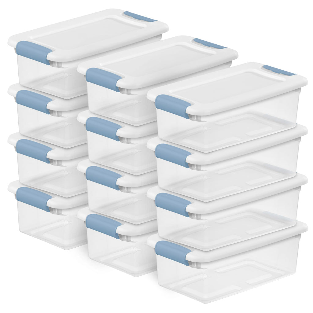 Sterilite Latching Storage Box, Stackable Bin with Latch Lid, Plastic Container to Organize Shoes on Closet Shelf, Clear with White Lid