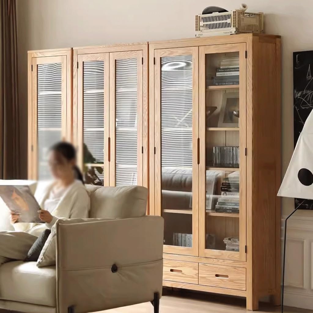 XUNTING Book Shelf for Bedroom Solid Wood Bookcase Nordic Simple Oak Study Room with Glass Door Bookshelf Combination Storage Rack Display Cabinet Home Storage