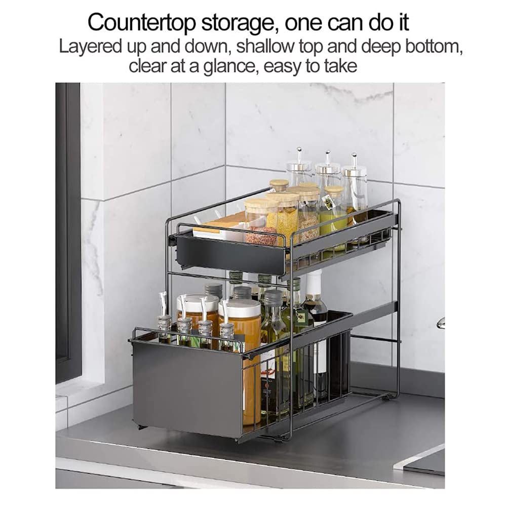 Drawers Under Sink Under Sink Storage Kitchen 2 Tier Sliding Basket Stackable Cabinet Organizer for Under The Sink Space Saving in Kitchens Bathrooms Pink Large (White Small) (Black Small)