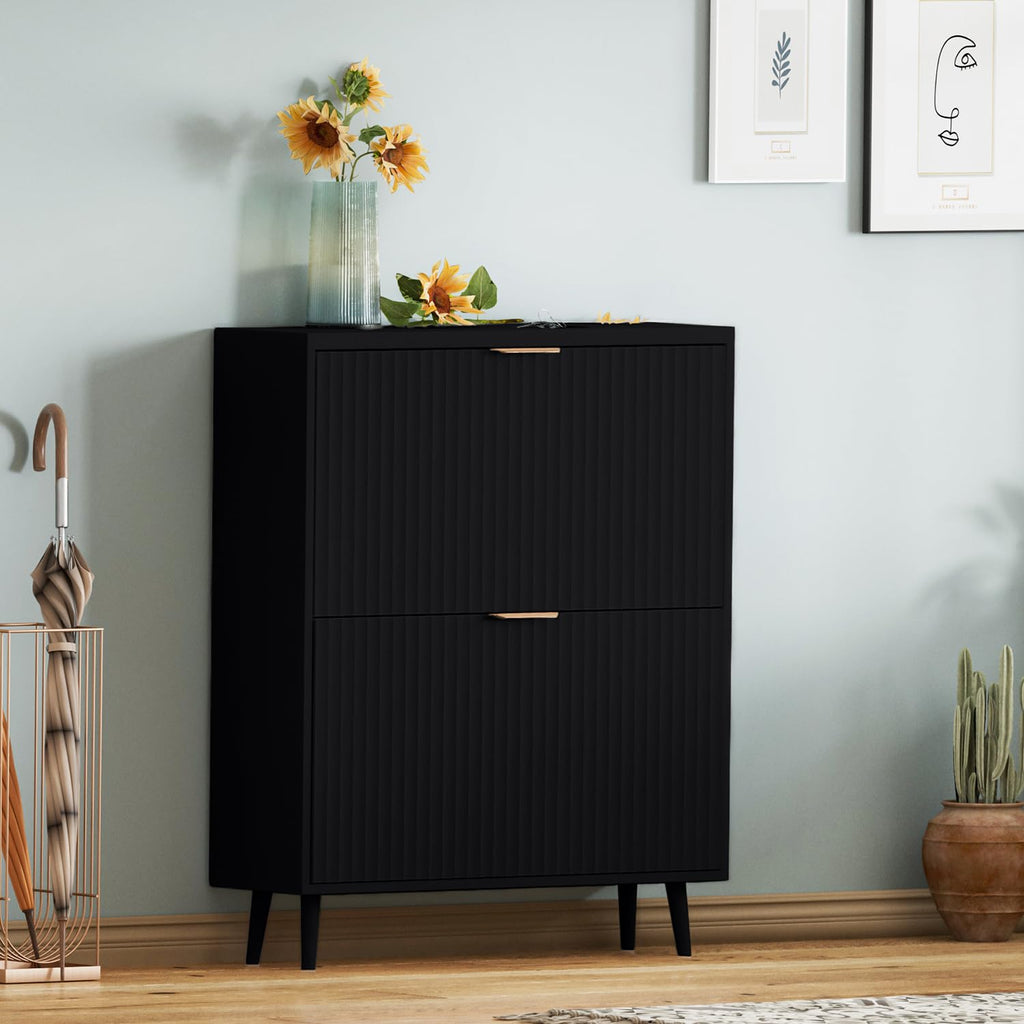 QIVOMIX Shoe Cabinet Storage,Modern Freestanding Organizer with 2 Flip Drawers,Narrow Shoe Rack Cabinet for Entryway