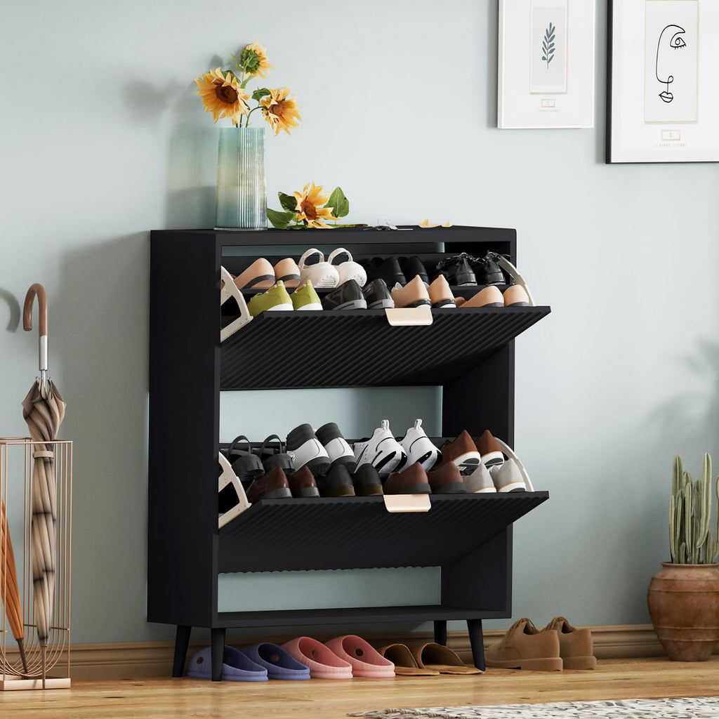 QIVOMIX Shoe Cabinet Storage,Modern Freestanding Organizer with 2 Flip Drawers,Narrow Shoe Rack Cabinet for Entryway
