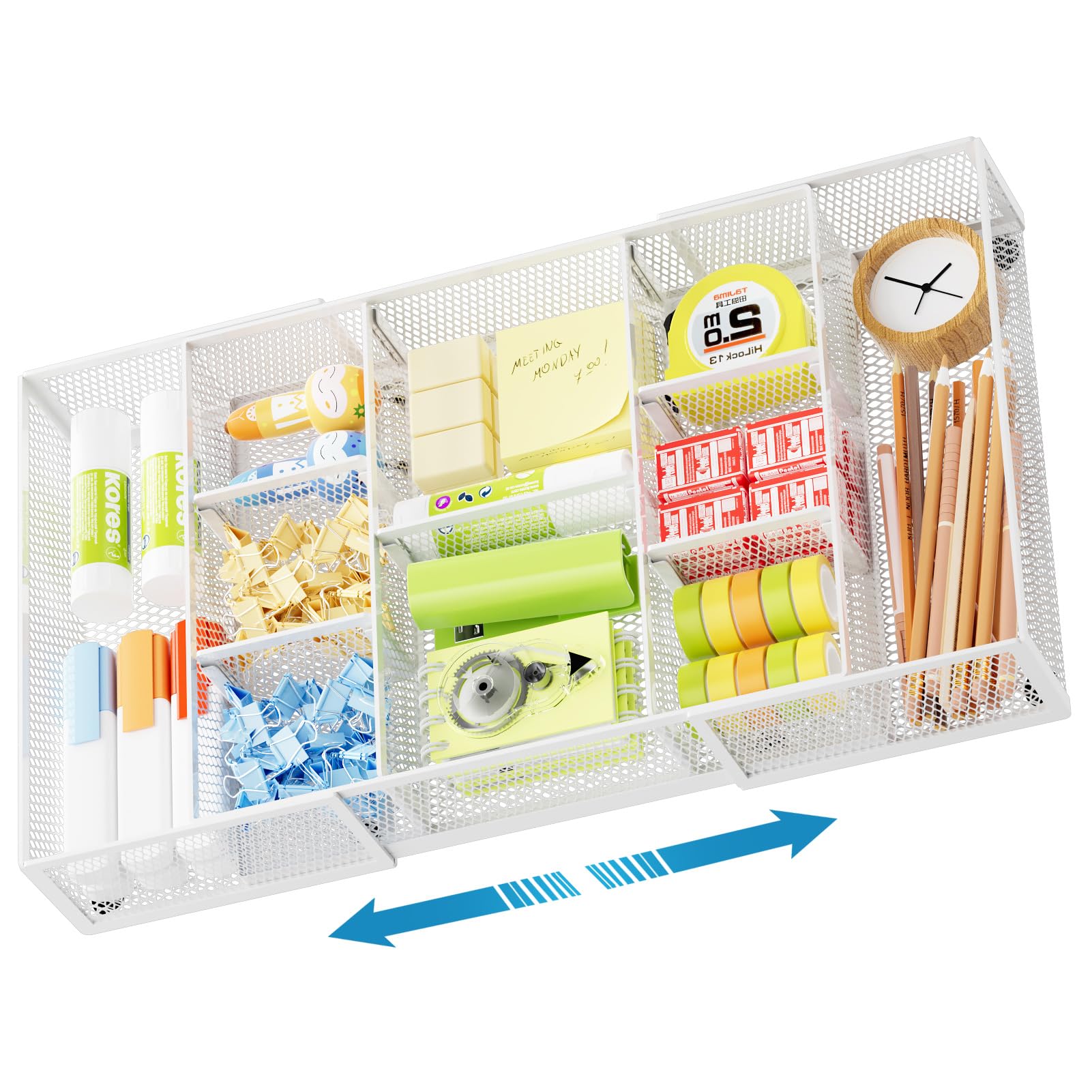 Marbrasse Expandable Desk Drawer Organizer with 10 Adjustable Compartments, Mesh Tray for Office Supplies, Makeup & Vanity