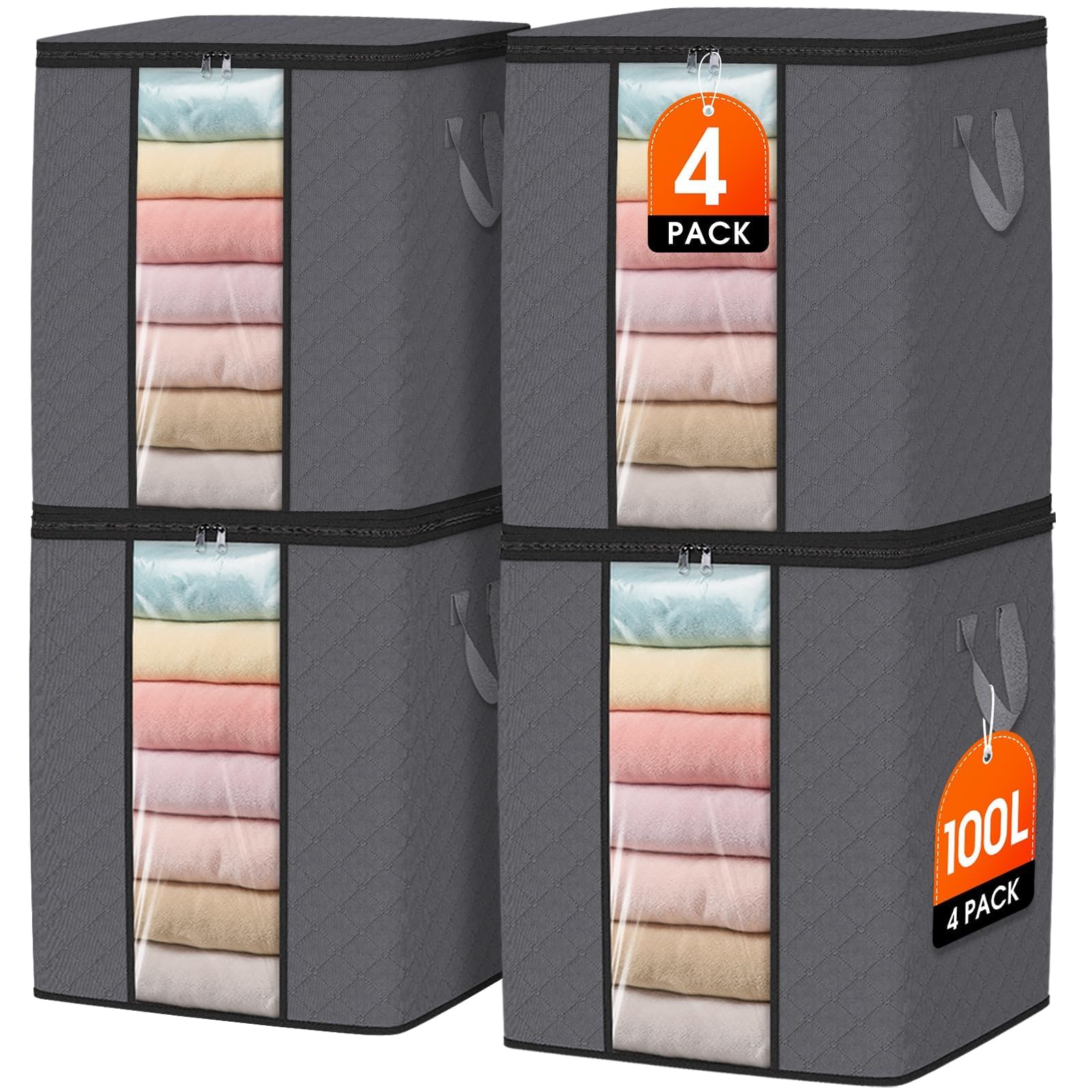 SpaceWhisper 100L Clothes Storage, Foldable Thick Fabric Blanket Storage Bags, Containers for Organizing Bedroom, Closet, Clothing, Comforter,Closet Organization with Handle