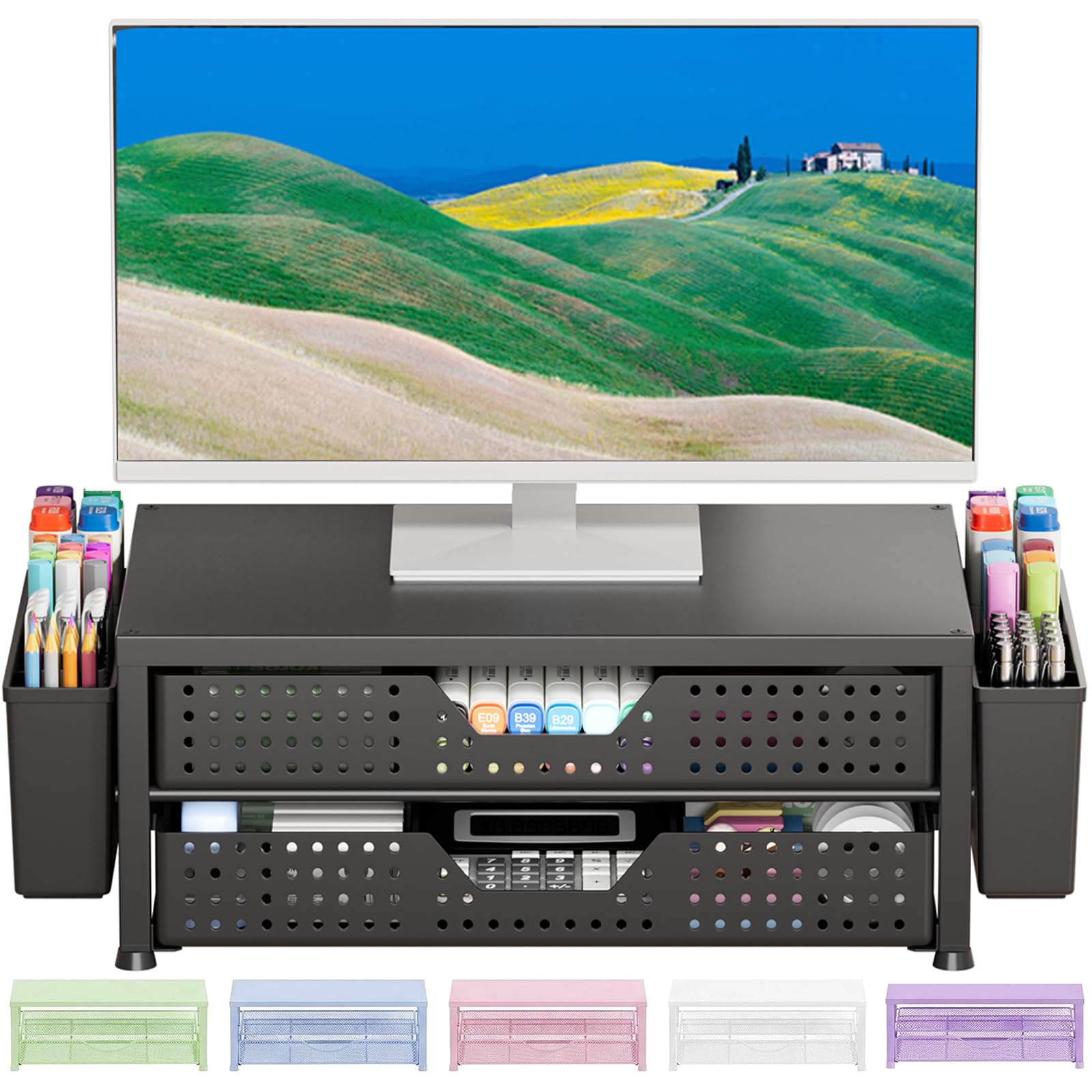 OPNICE Desk Organizer and Accessories, Computer Monitor Stand Riser with Drawer and 2 Pen Holders, Laptop Stand, Office Desk Accessories for Office Supplies