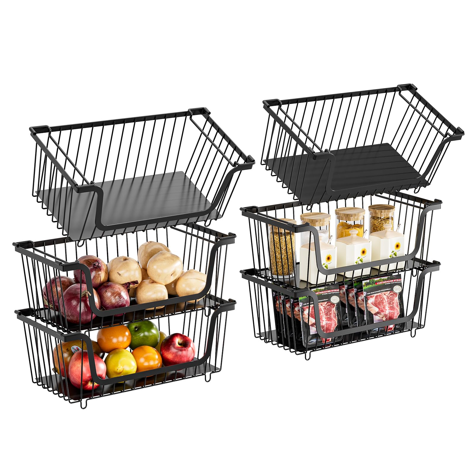 GAOKASE 4 Pcs Stackable Wire Baskets for Pantry Organizers and Storage,Vegetable Fruit Basket for Countertop,Kitchen Storage Metal Baskets,Produce Potato Onion Storage Bin