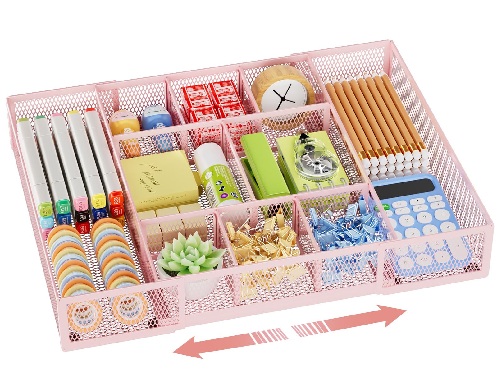 Marbrasse Expandable Desk Drawer Organizer with 10 Adjustable Compartments, Mesh Tray for Office Supplies, Makeup & Vanity