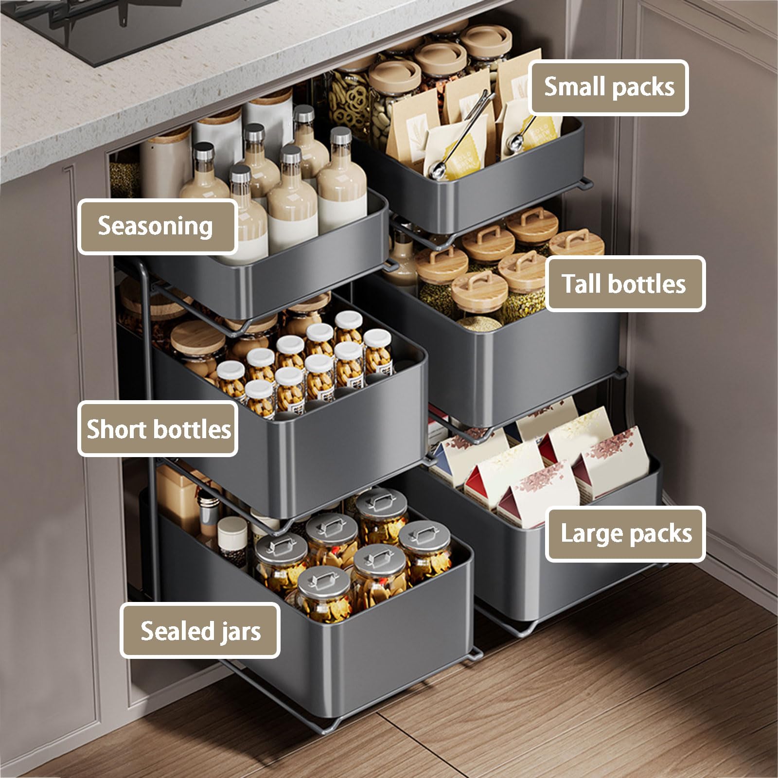 3 Tier Under Sink Organizer and Storage with Sliding Storage Drawer, Height: 53.5Cm Pull Out Cabinet Organizer No Drilling and Nailing for Kitchen, Bathroom, Pantry