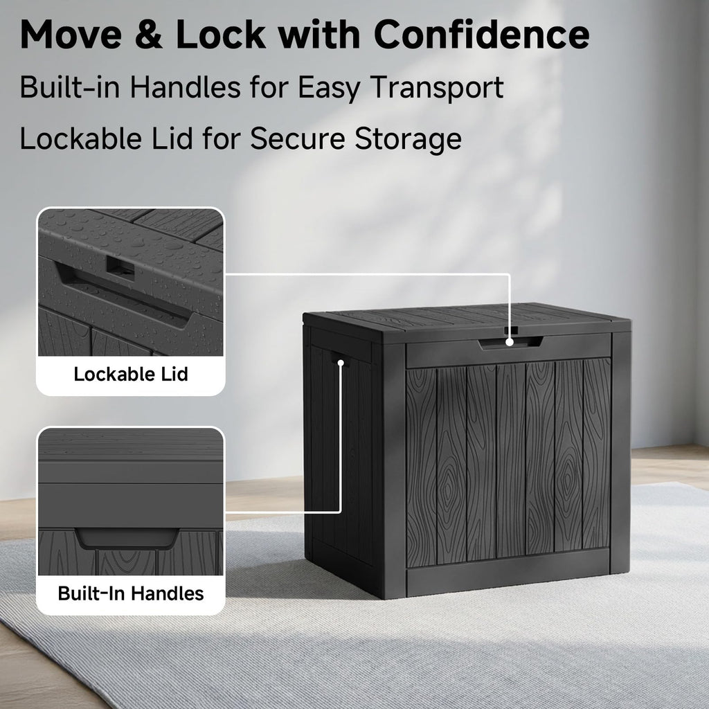 PatioZen Outdoor Deck Box,Waterproof Resin Outdoor Storage Boxes, Outside Storage Lockable Container for Garden Tools,Indooor Cushions,Accessories