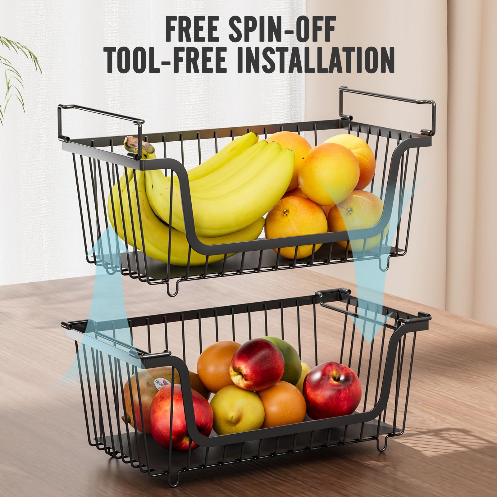 GAOKASE 4 Pcs Stackable Wire Baskets for Pantry Organizers and Storage,Vegetable Fruit Basket for Countertop,Kitchen Storage Metal Baskets,Produce Potato Onion Storage Bin