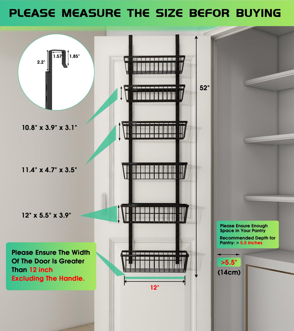 Mefirt Over The Door Pantry Organizer, Wall Mount Spice Rack Deep Baskets