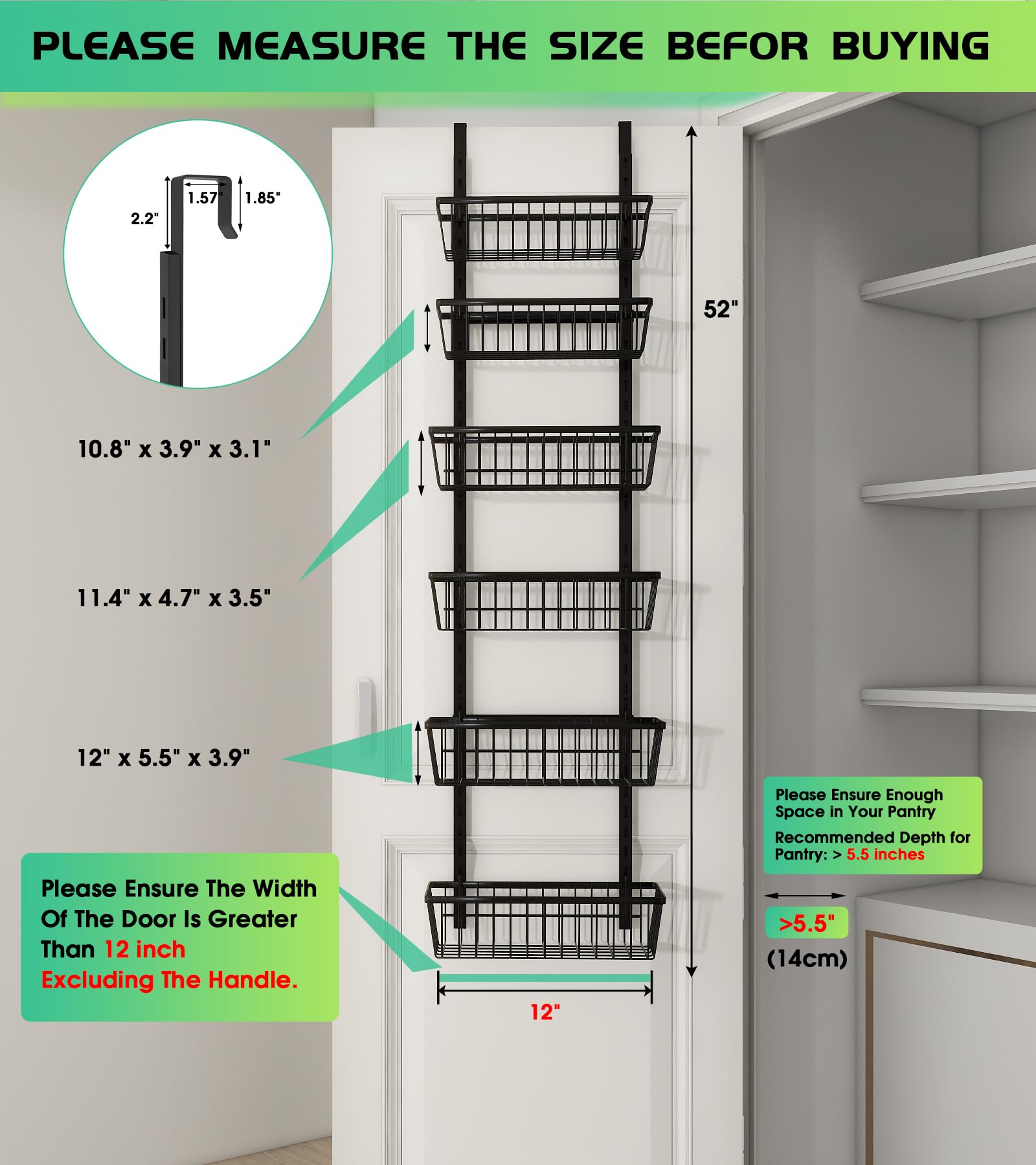 Mefirt Over The Door Pantry Organizer, Wall Mount Spice Rack Deep Baskets