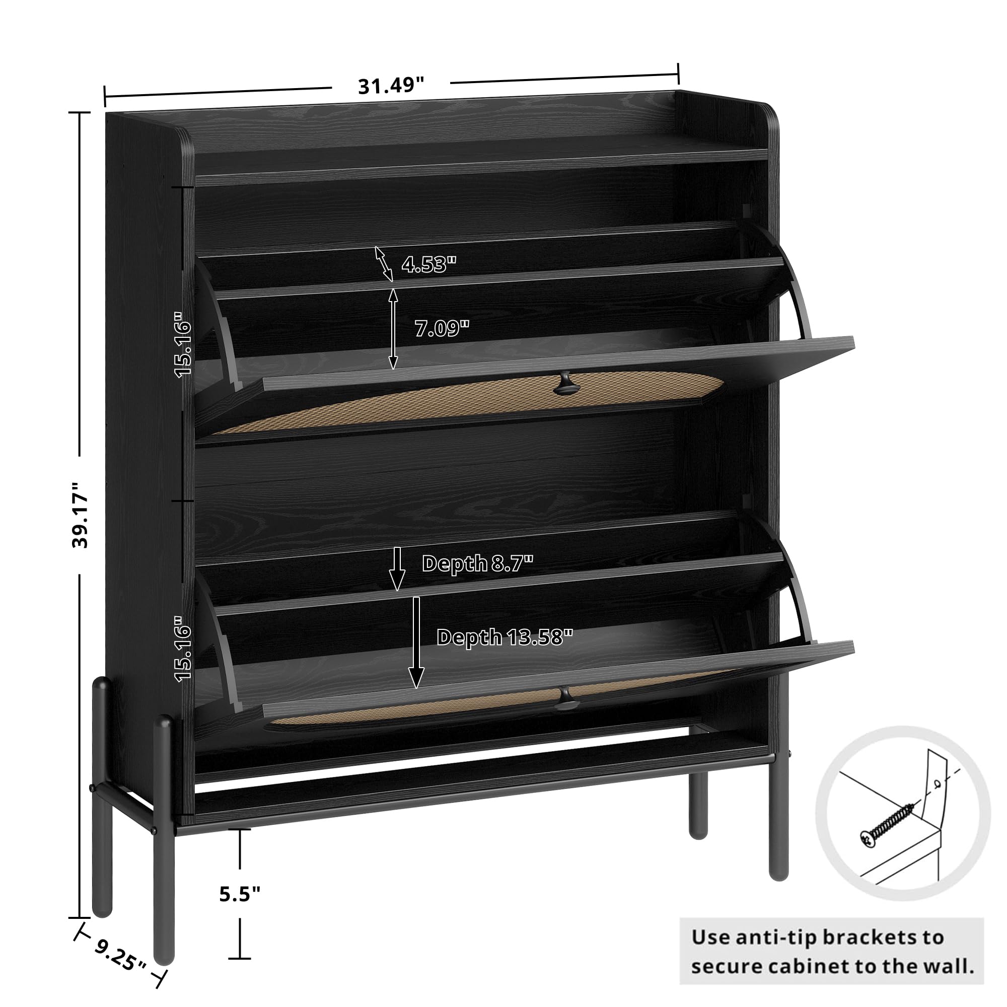 IRONCK Shoe Cabinet Storage with 2 Flip Drawers, Free Standing Wooden Shoe Storage Organizer Cabinet with Rattan Doors for Entryway, Narrow Shoe Rack Cabinet