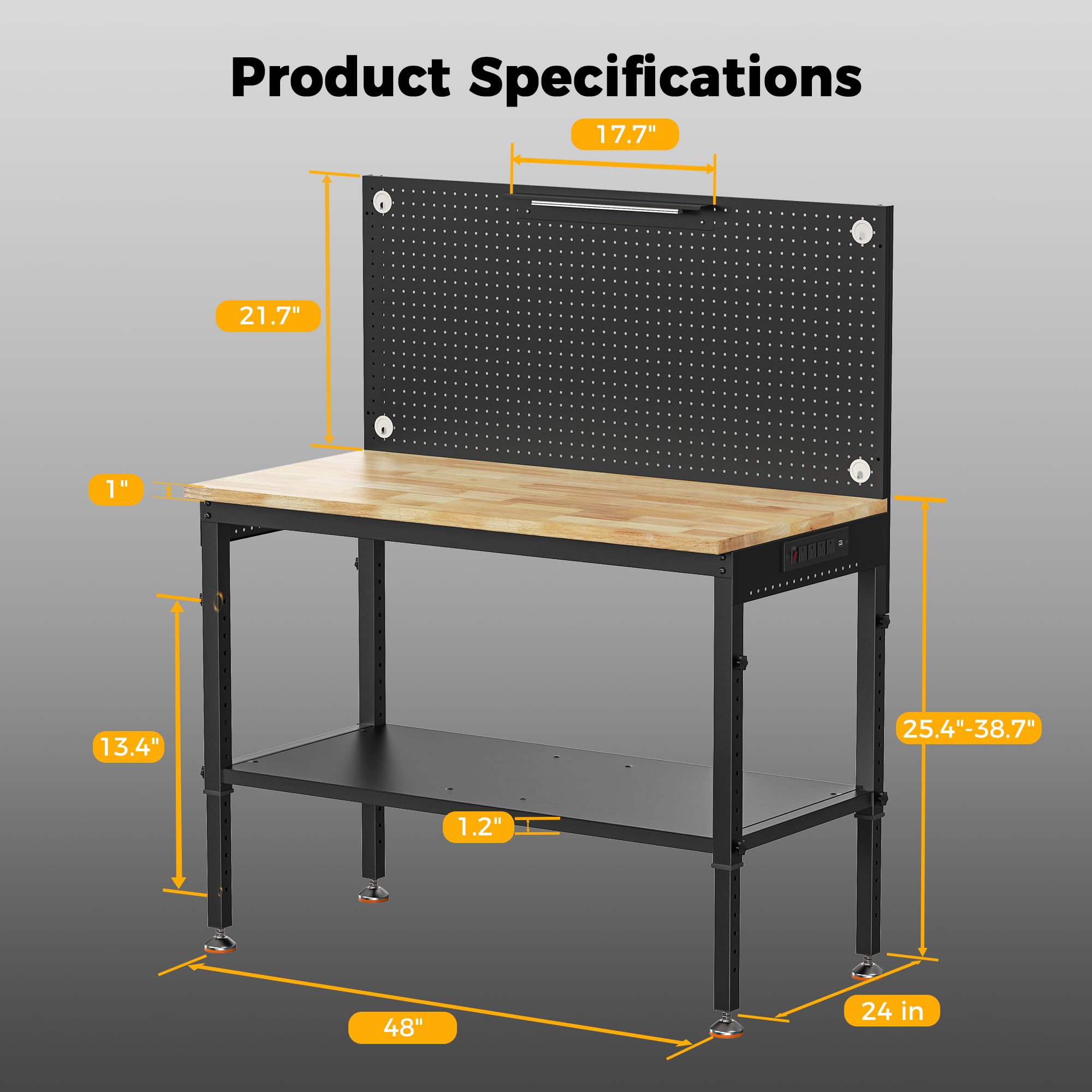 CAMMOO 48x24 Inch Garage Work Bench with Storage, Pegboard & Power Strip