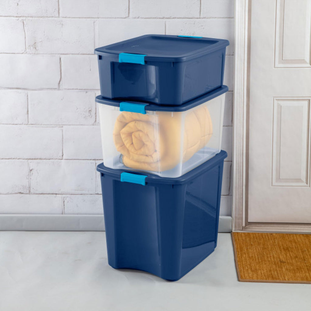 Sterilite Latch and Carry, Stackable Storage Bin with Latching Lid, Plastic Container to Organize Closets, Clear with Blue