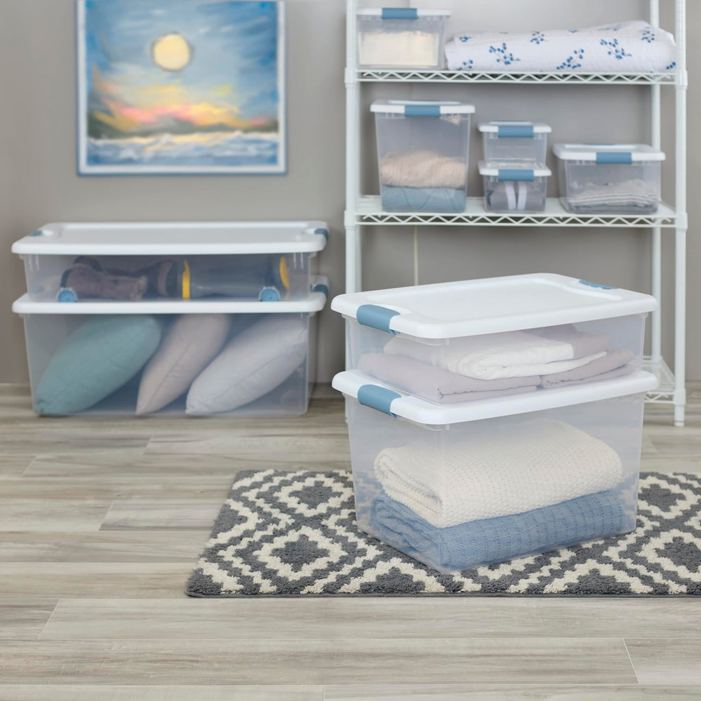 Sterilite Latching Storage Box, Stackable Bin with Latch Lid, Plastic Container to Organize Shoes on Closet Shelf, Clear with White Lid