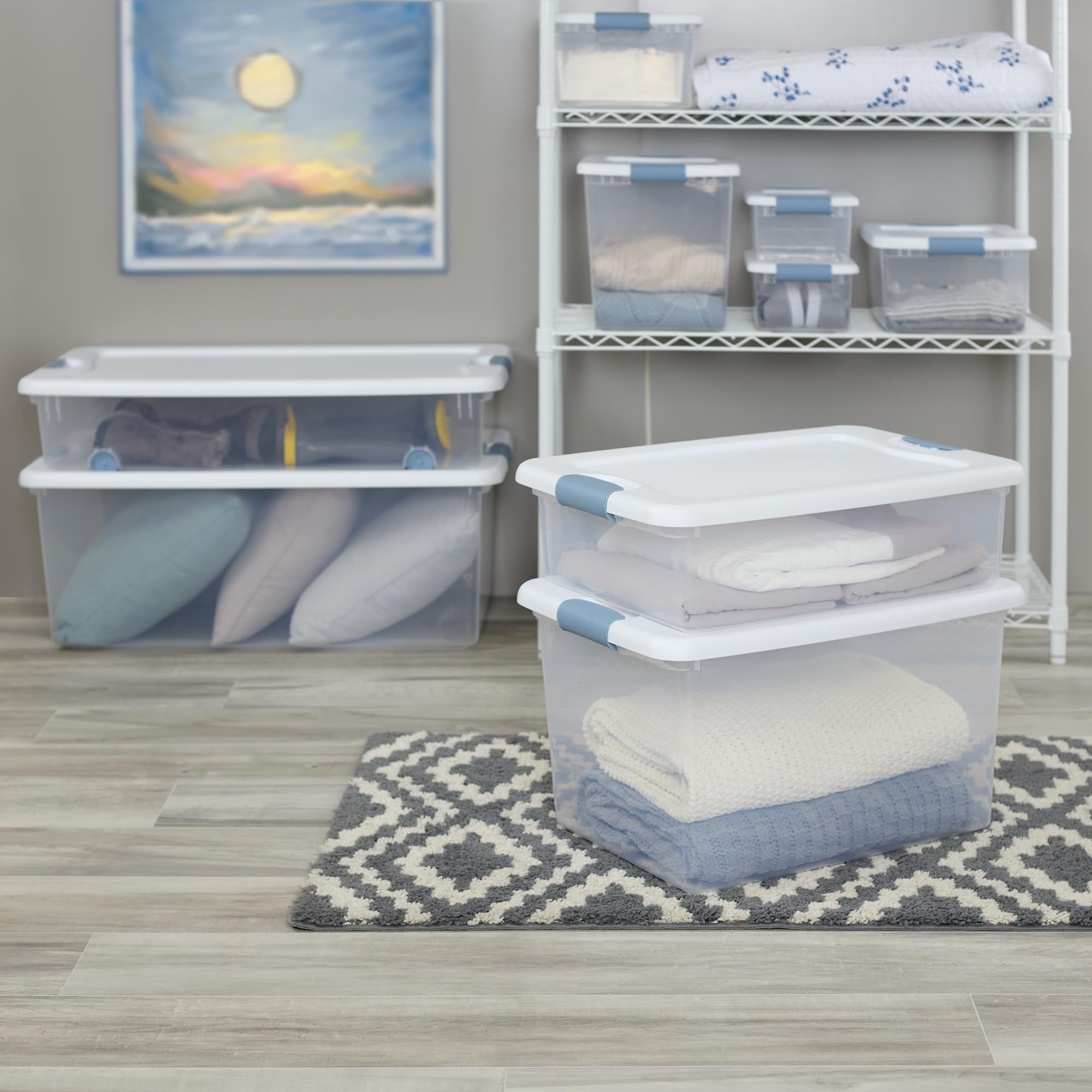 Sterilite Latching Storage Box, Stackable Bin with Latch Lid, Plastic Container to Organize Shoes on Closet Shelf, Clear with White Lid