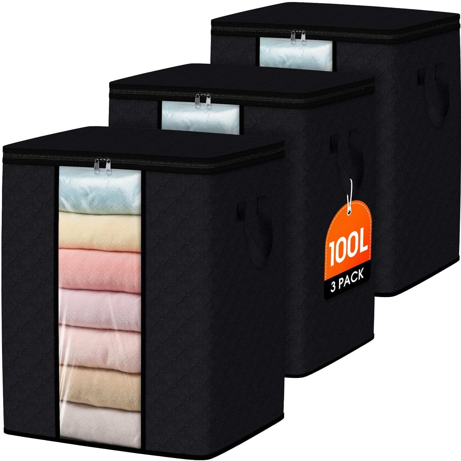 SpaceWhisper 100L Clothes Storage, Foldable Thick Fabric Blanket Storage Bags, Containers for Organizing Bedroom, Closet, Clothing, Comforter,Closet Organization with Handle