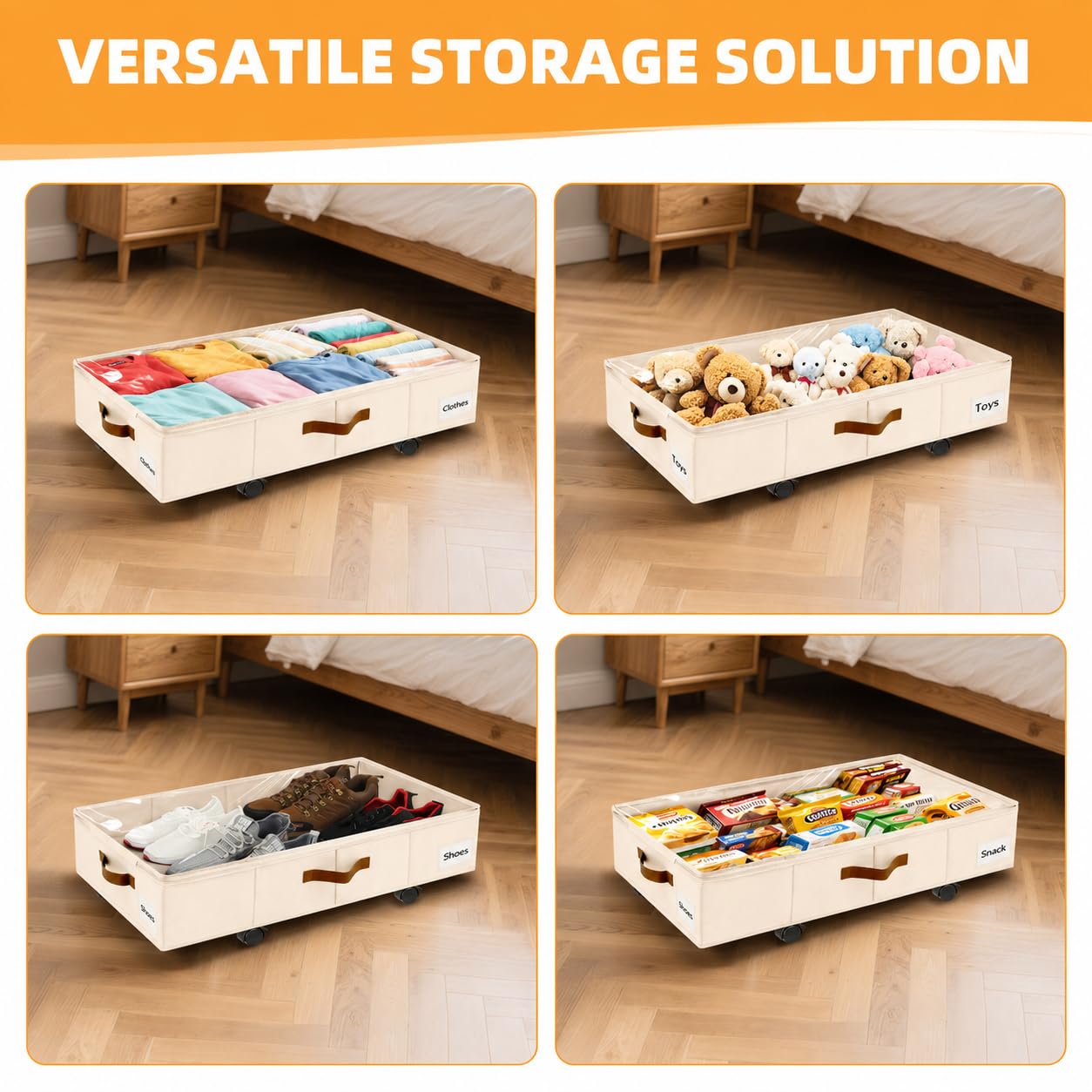 VatFott Under Bed Storage with Wheels,Underbed Storage with Sturdy Sidewalls/Bottom, Clear Cover, Label and PU Handle, Rolling Under Bed Drawers for Clothes, Shoes, Toys, Blankets