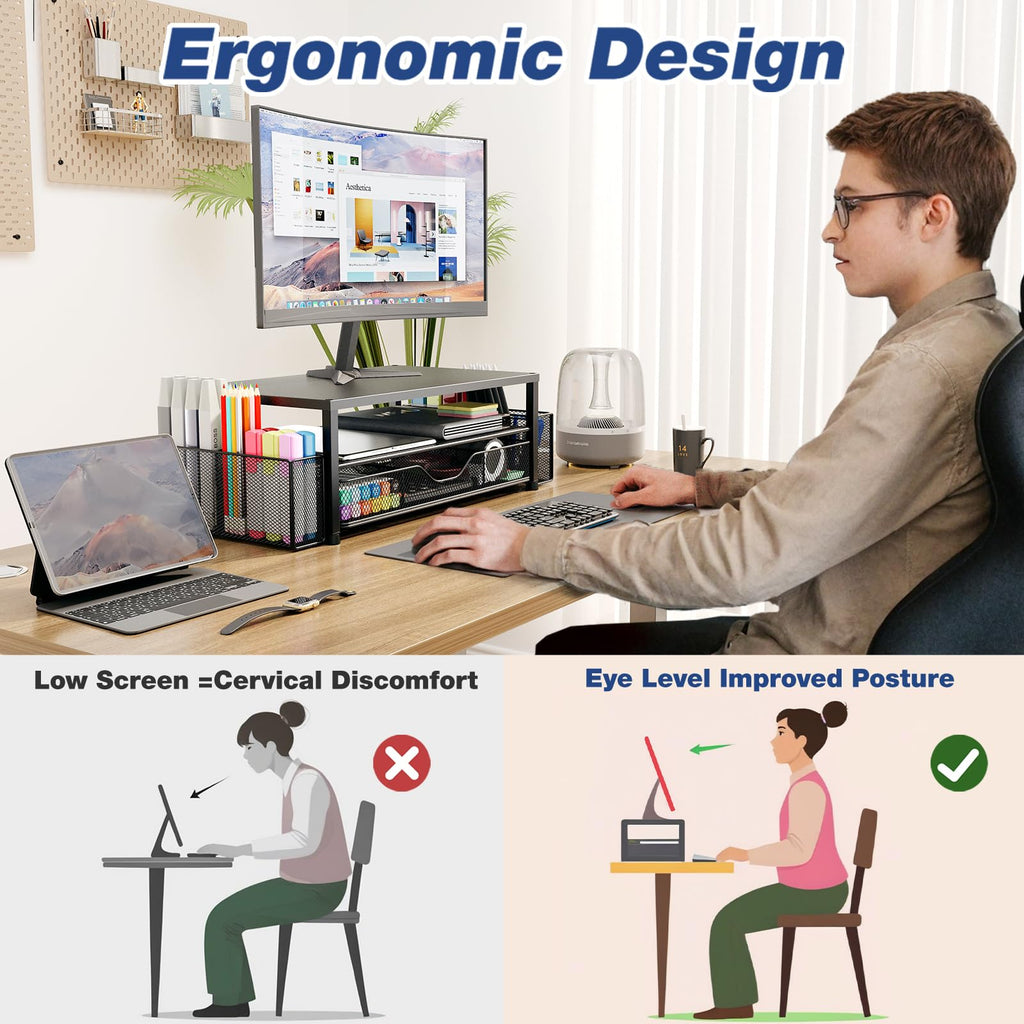 OPNICE Desk Organizer and Accessories, Computer Monitor Stand Riser with Drawer and 2 Pen Holders, Laptop Stand, Office Desk Accessories for Office Supplies