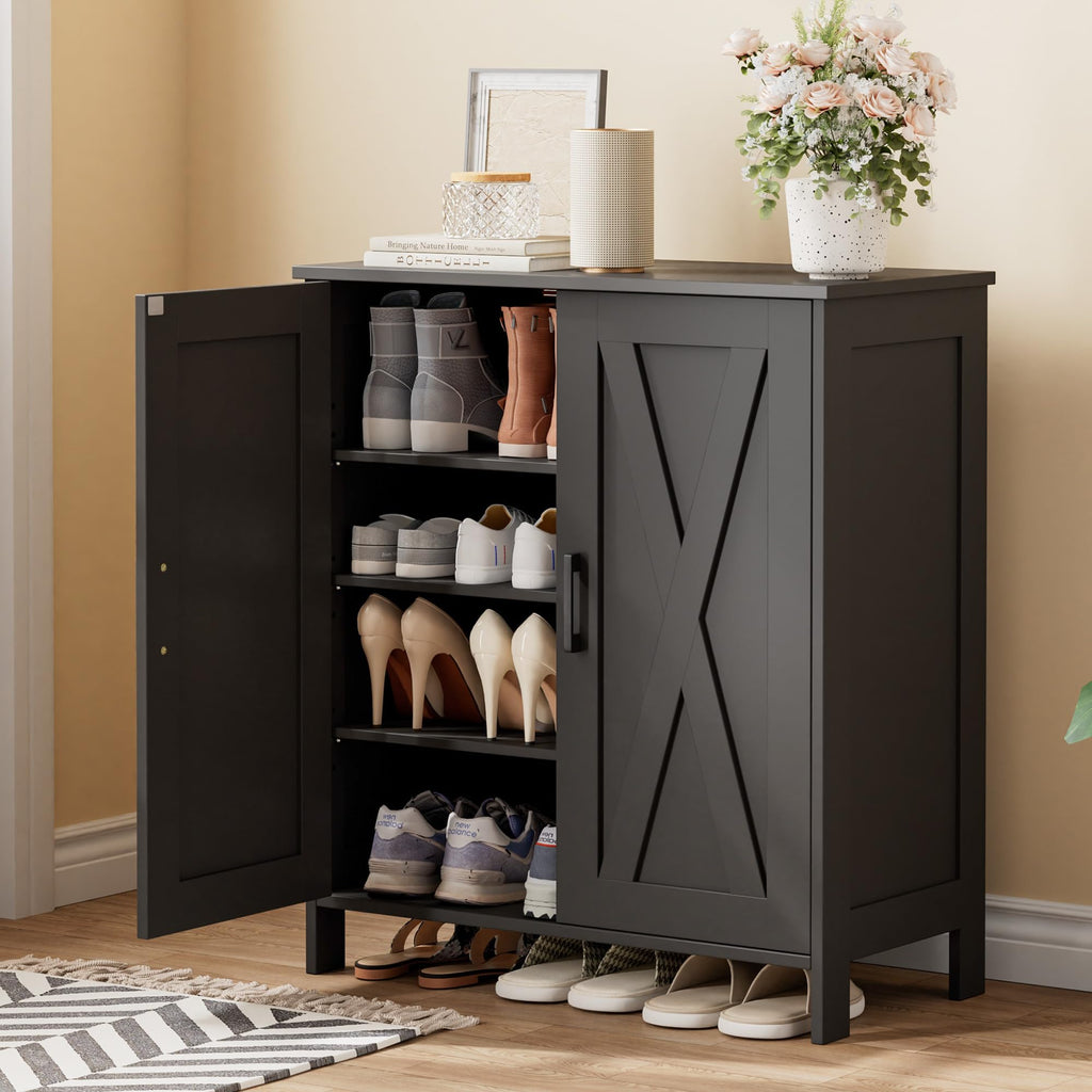 Homleke Farmhouse Shoe Cabinet with 2 Barn Doors & Wood Legs, 5-Tier Shoe Storage Cabinet with 3 Adjustable Shelves, Tall Shoe Rack Organizer for Closet, Shoe Organizer for Entryway, Hallway