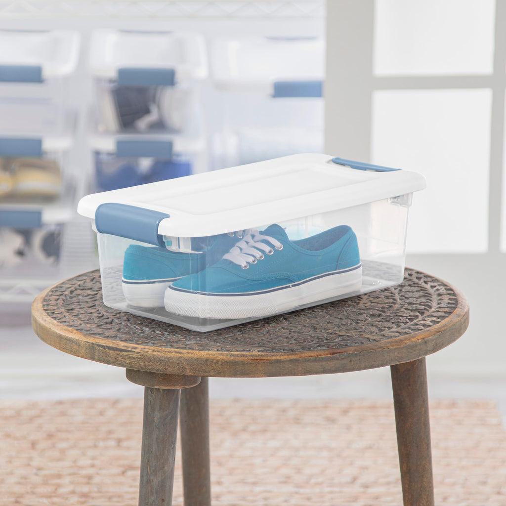 Sterilite Latching Storage Box, Stackable Bin with Latch Lid, Plastic Container to Organize Shoes on Closet Shelf, Clear with White Lid