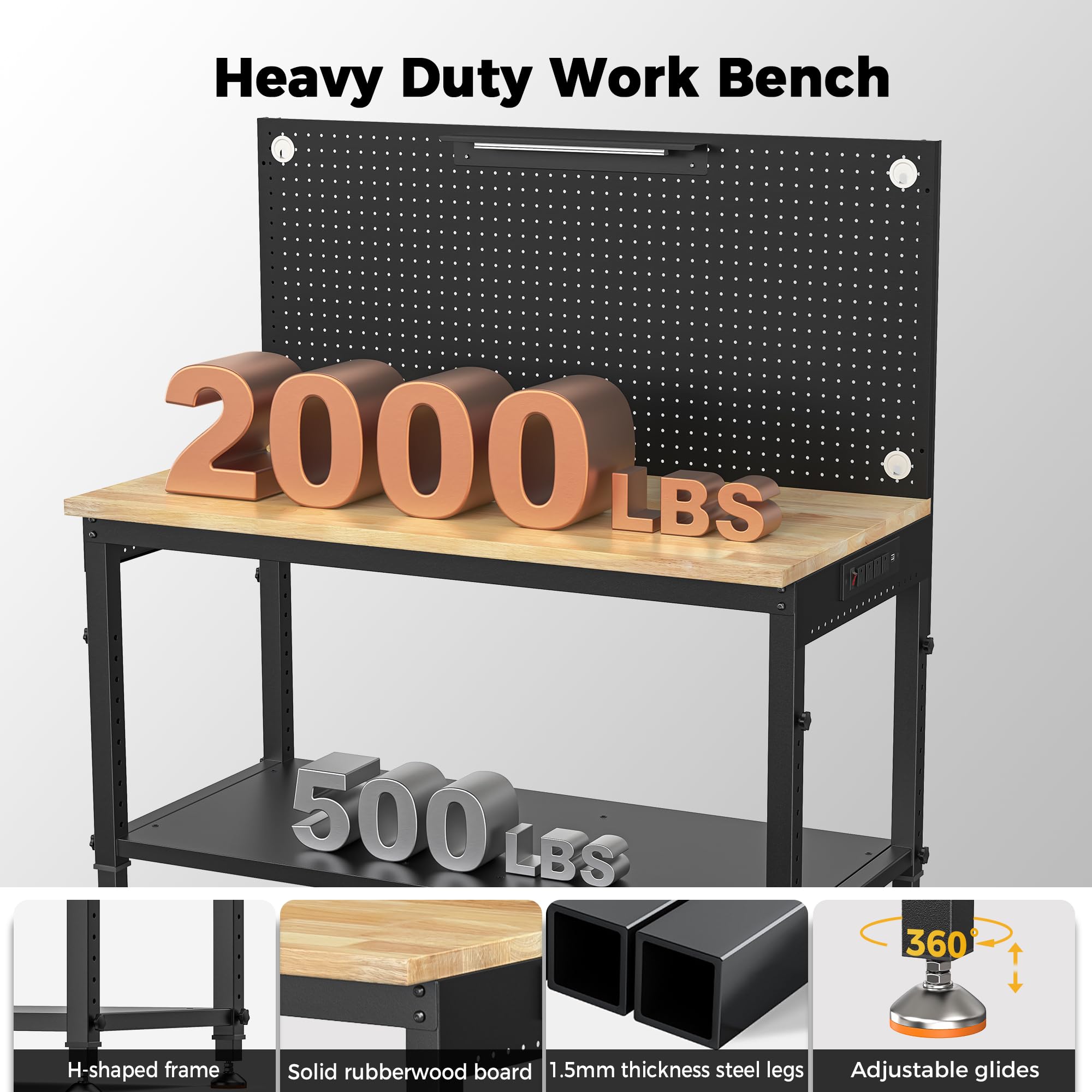 CAMMOO 48x24 Inch Garage Work Bench with Storage, Pegboard & Power Strip