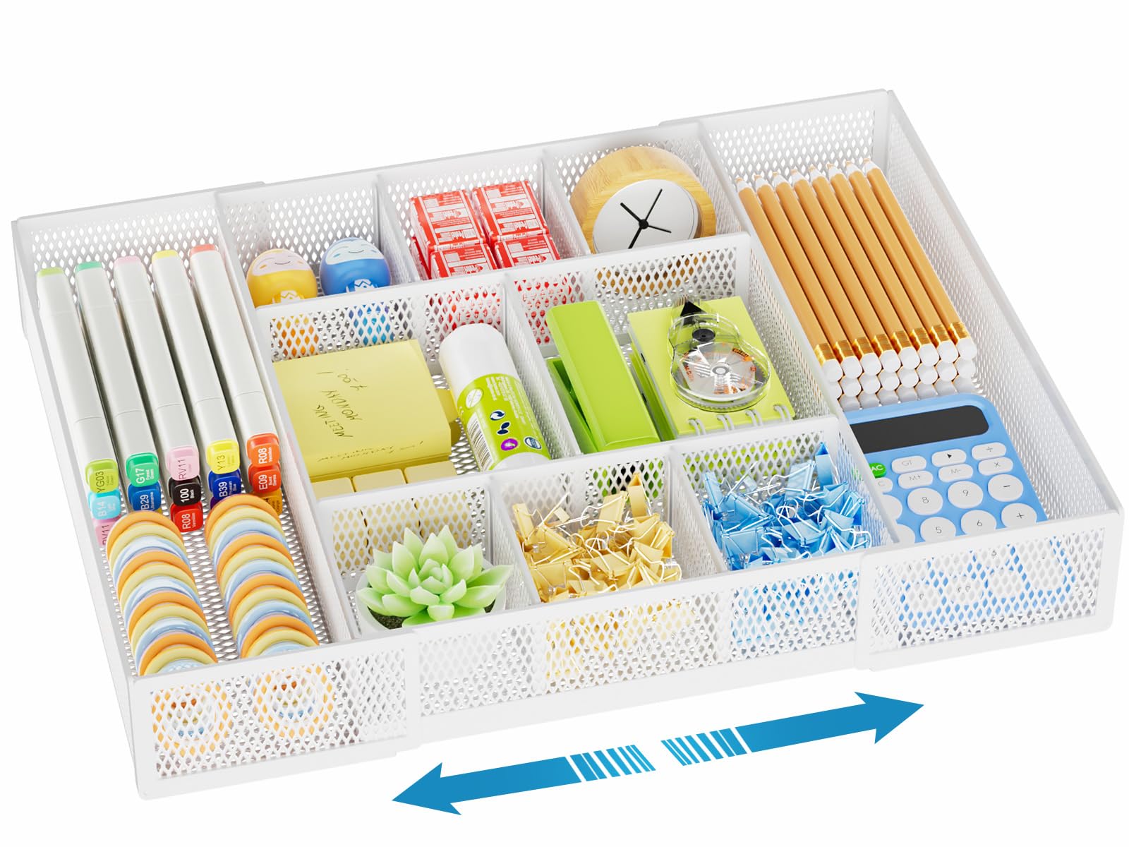 Marbrasse Expandable Desk Drawer Organizer with 10 Adjustable Compartments, Mesh Tray for Office Supplies, Makeup & Vanity