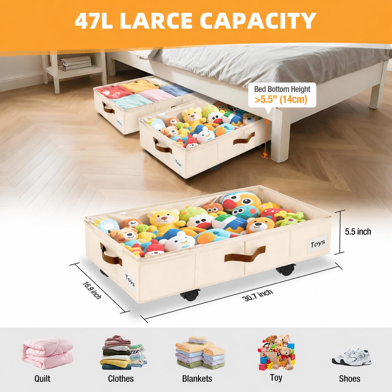 VatFott Under Bed Storage with Wheels,Underbed Storage with Sturdy Sidewalls/Bottom, Clear Cover, Label and PU Handle, Rolling Under Bed Drawers for Clothes, Shoes, Toys, Blankets