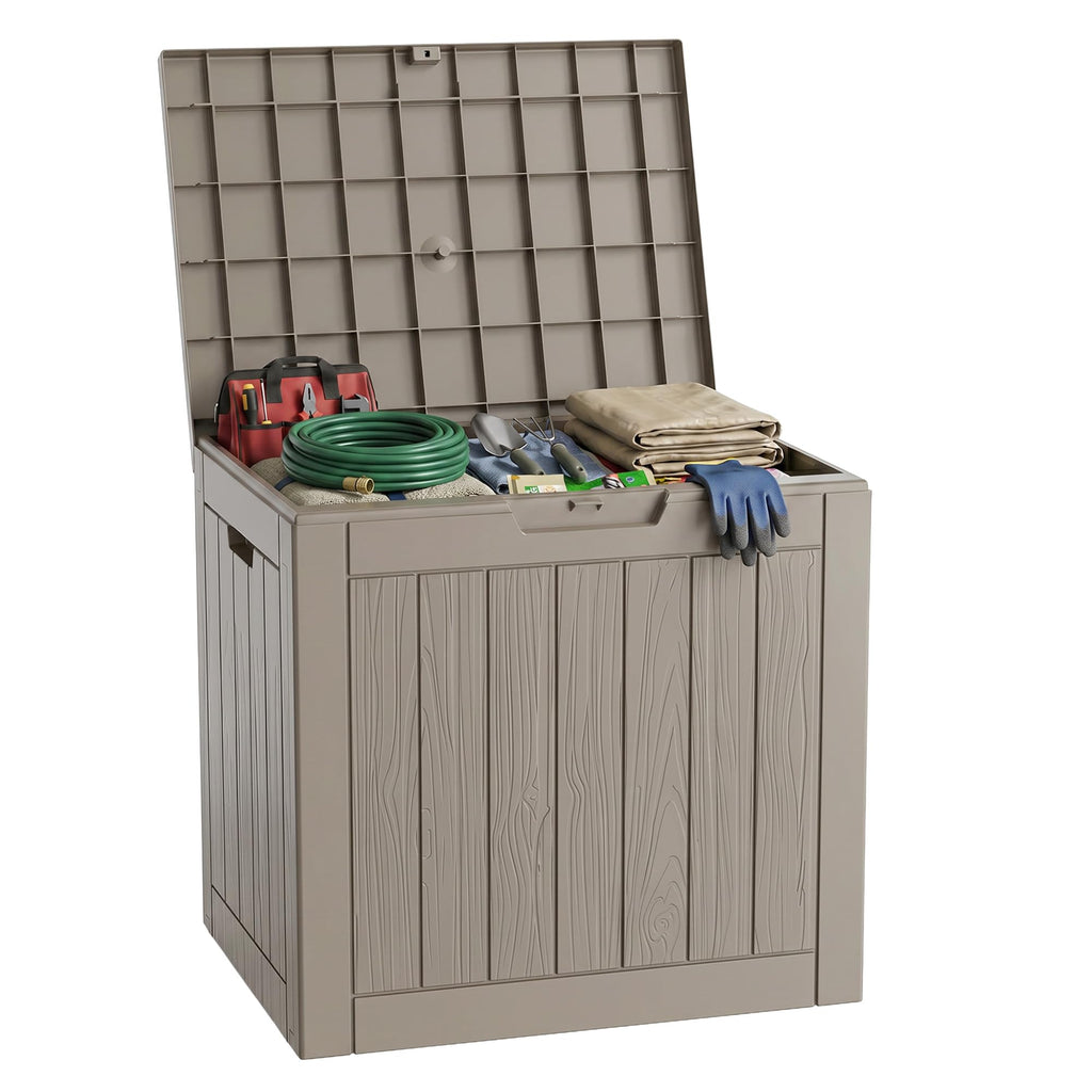 PatioZen Outdoor Deck Box,Waterproof Resin Outdoor Storage Boxes, Outside Storage Lockable Container for Garden Tools,Indooor Cushions,Accessories