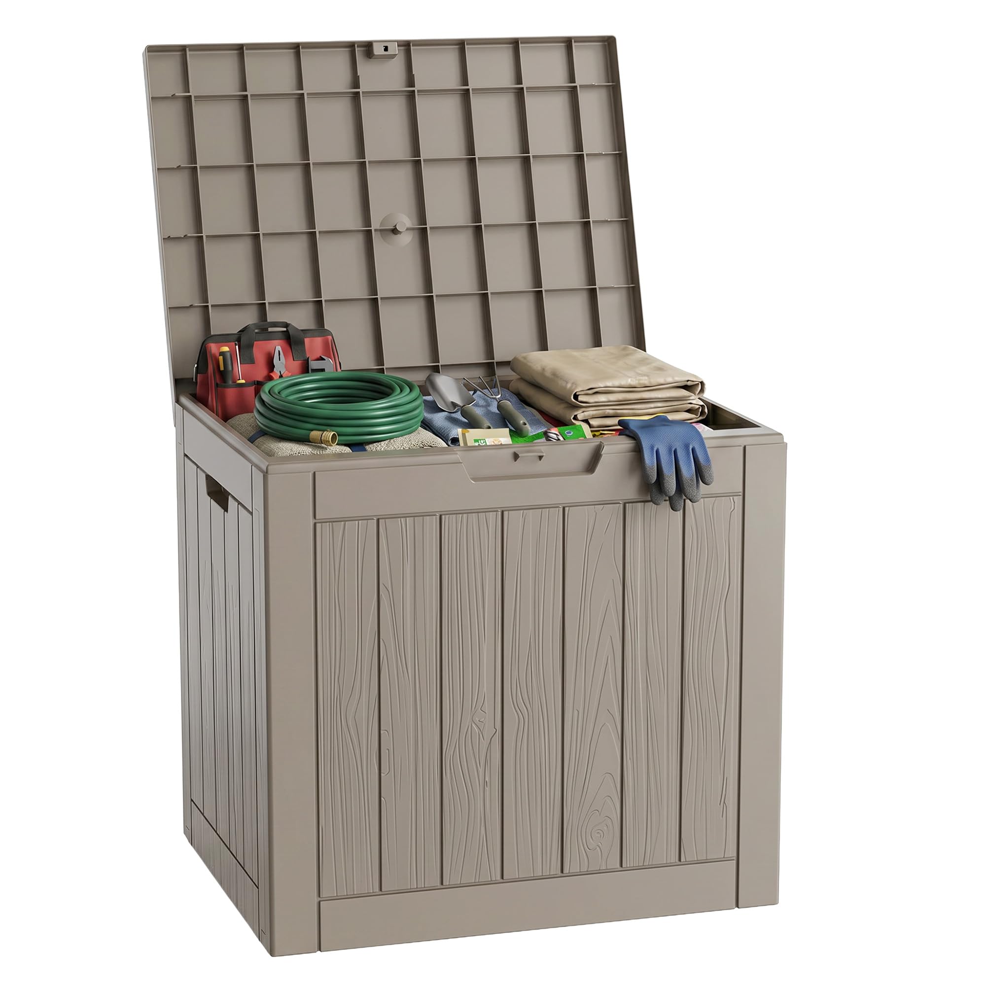 PatioZen Outdoor Deck Box,Waterproof Resin Outdoor Storage Boxes, Outside Storage Lockable Container for Garden Tools,Indooor Cushions,Accessories