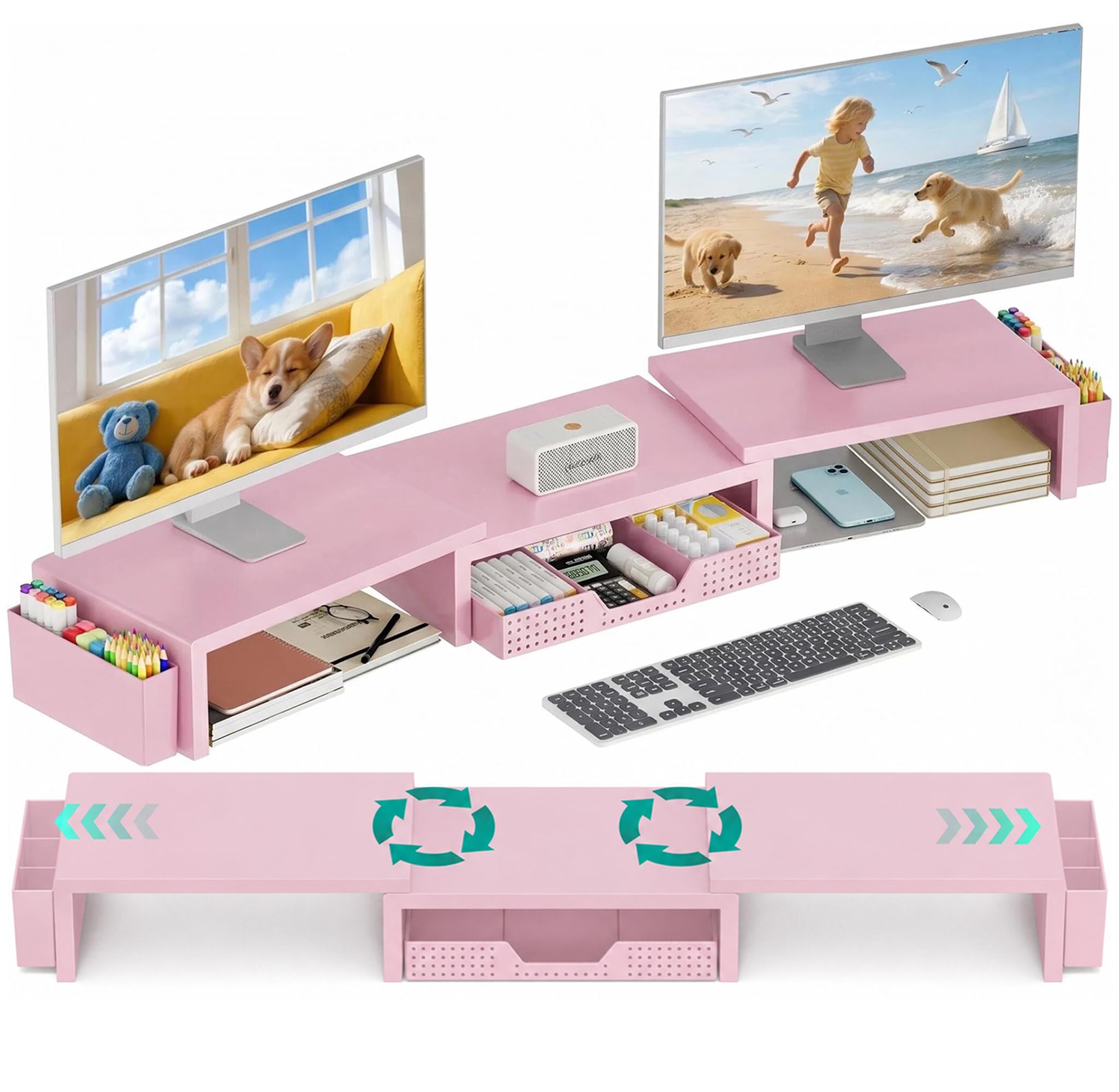 OPNICE Desk Organizer and Accessories, Computer Monitor Stand Riser with Drawer and 2 Pen Holders, Laptop Stand, Office Desk Accessories for Office Supplies