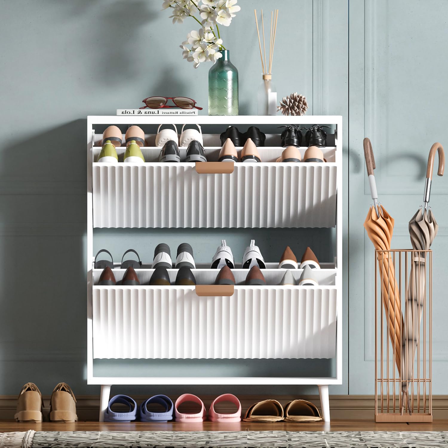 QIVOMIX Shoe Cabinet Storage,Modern Freestanding Organizer with 2 Flip Drawers,Narrow Shoe Rack Cabinet for Entryway