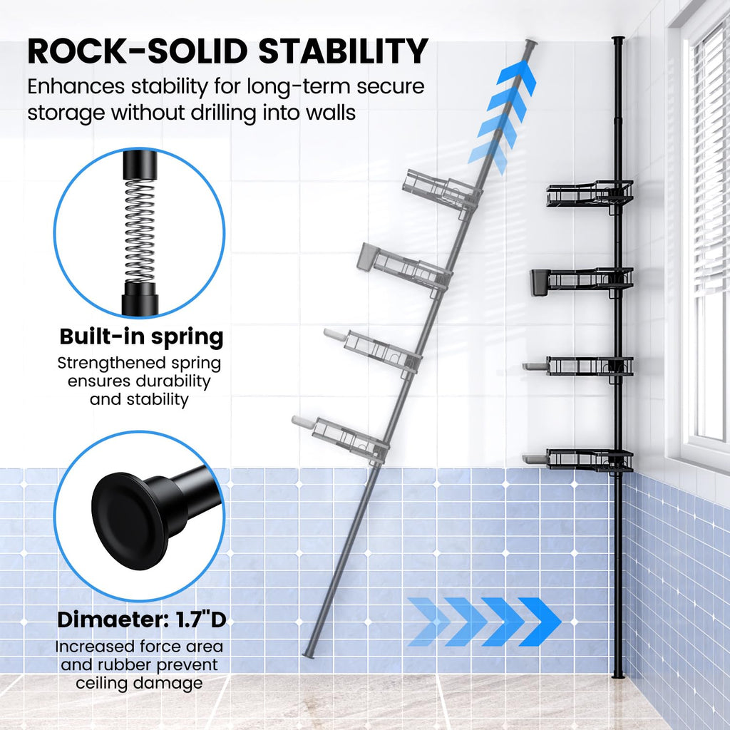 Aitatty Corner Shower Caddy Tension Pole: 4 Tier adjustable Rustproof Bathroom Organizer Shelves - Bathtub shampoo rack 31-124 inch