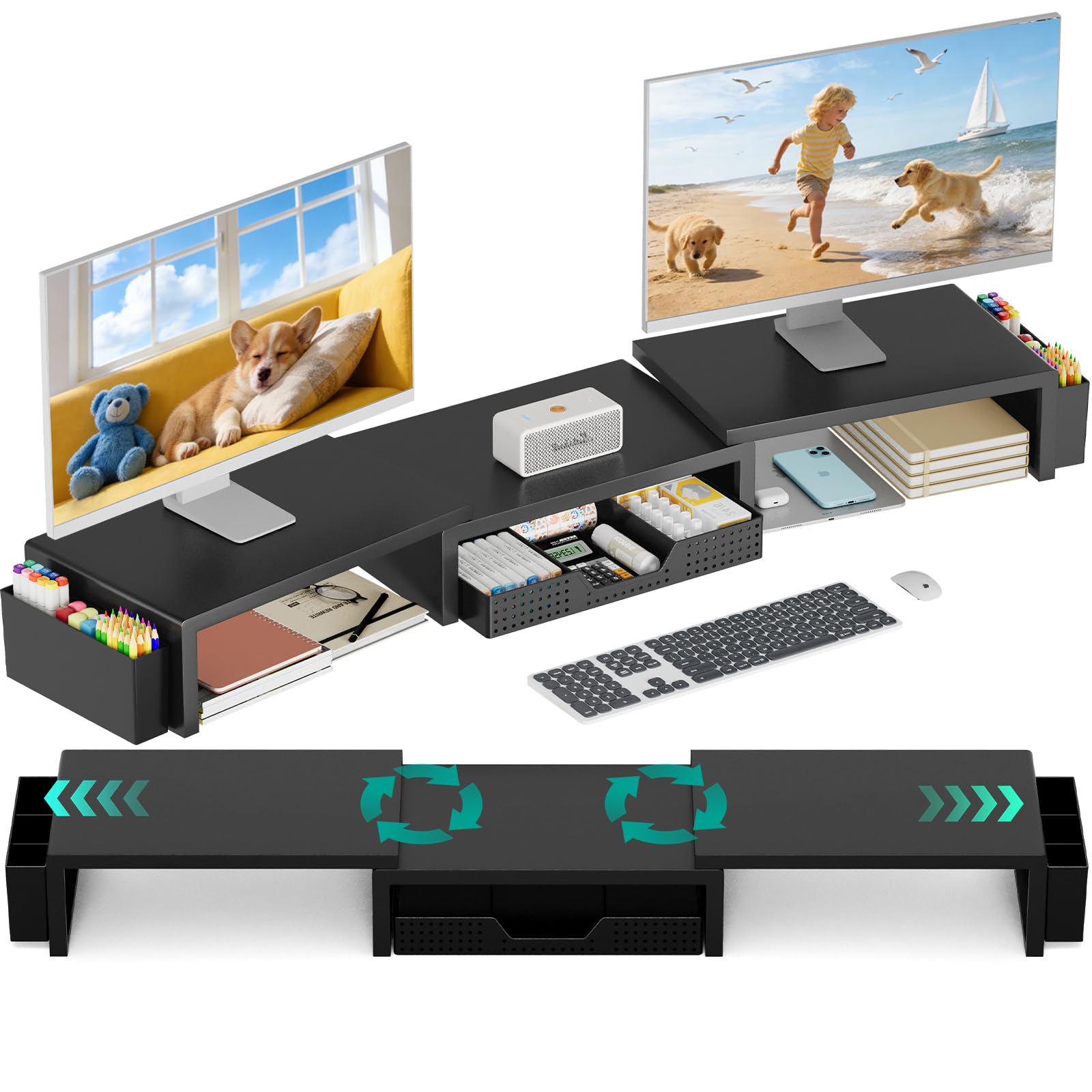 OPNICE Desk Organizer and Accessories, Computer Monitor Stand Riser with Drawer and 2 Pen Holders, Laptop Stand, Office Desk Accessories for Office Supplies
