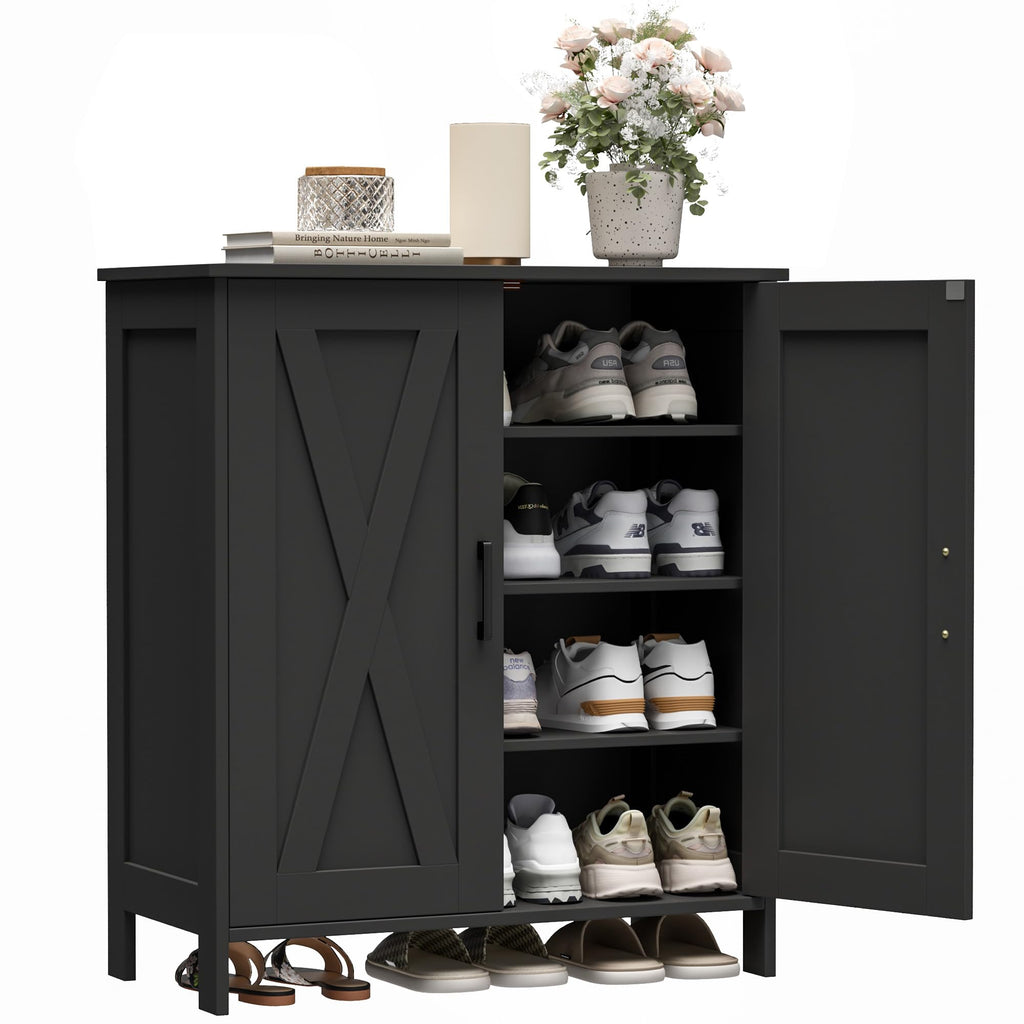 Homleke Farmhouse Shoe Cabinet with 2 Barn Doors & Wood Legs, 5-Tier Shoe Storage Cabinet with 3 Adjustable Shelves, Tall Shoe Rack Organizer for Closet, Shoe Organizer for Entryway, Hallway