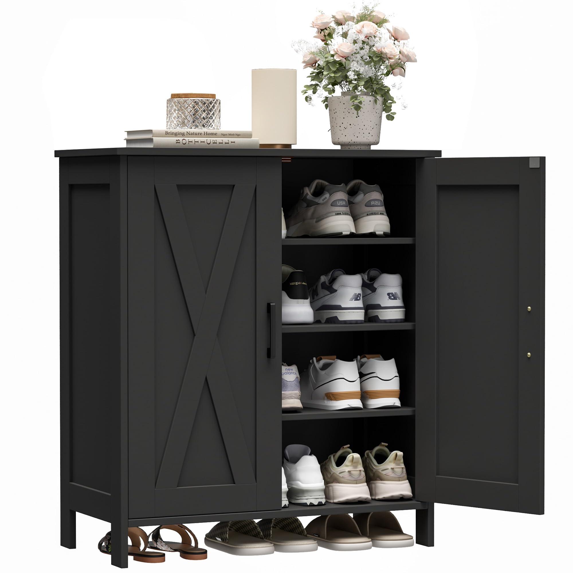 Homleke Farmhouse Shoe Cabinet with 2 Barn Doors & Wood Legs, 5-Tier Shoe Storage Cabinet with 3 Adjustable Shelves, Tall Shoe Rack Organizer for Closet, Shoe Organizer for Entryway, Hallway