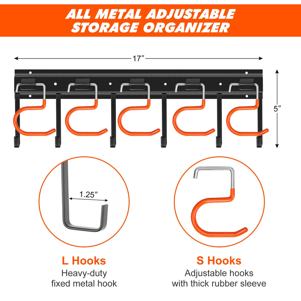 TVKB All Metal Garden Tool Organizer Adjustable Garage Tool Organizer Wall Mount Garage Organizers and Storage with Heavy Duty Hooks Tool Hangers for Garage Wall, Shed, Garden