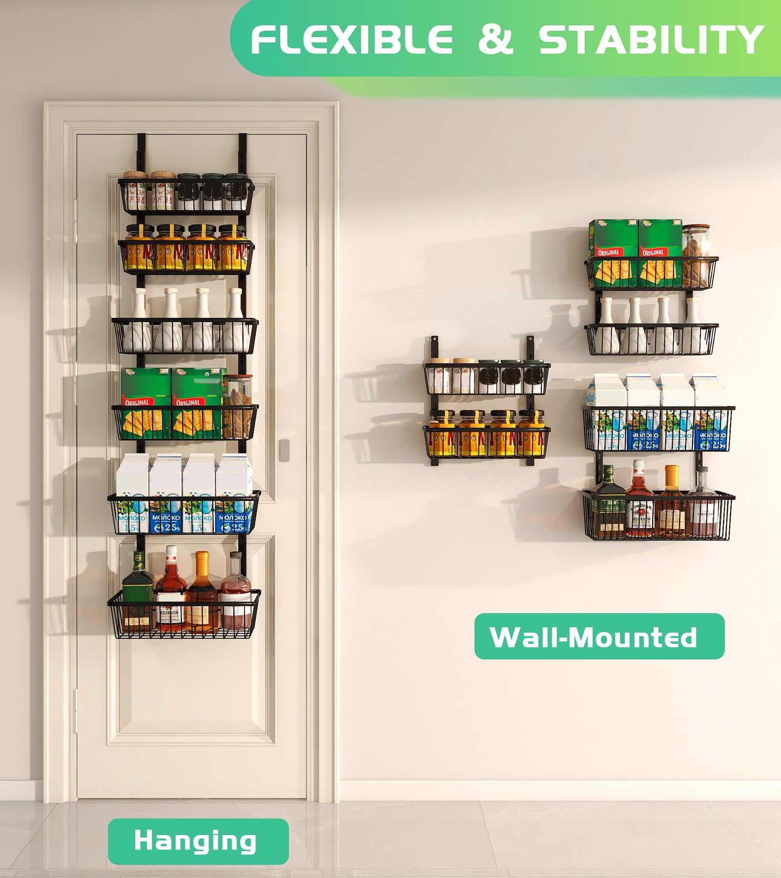 Mefirt Over The Door Pantry Organizer, Wall Mount Spice Rack Deep Baskets