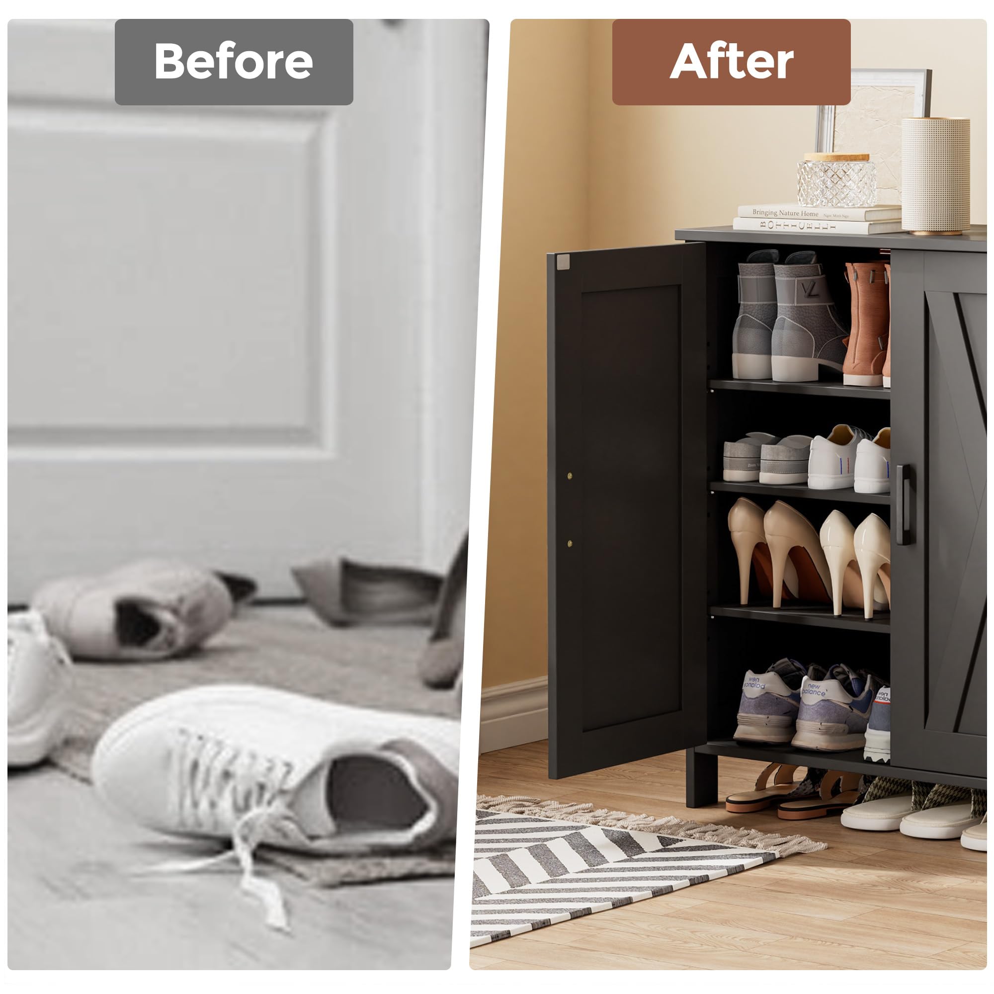 Homleke Farmhouse Shoe Cabinet with 2 Barn Doors & Wood Legs, 5-Tier Shoe Storage Cabinet with 3 Adjustable Shelves, Tall Shoe Rack Organizer for Closet, Shoe Organizer for Entryway, Hallway