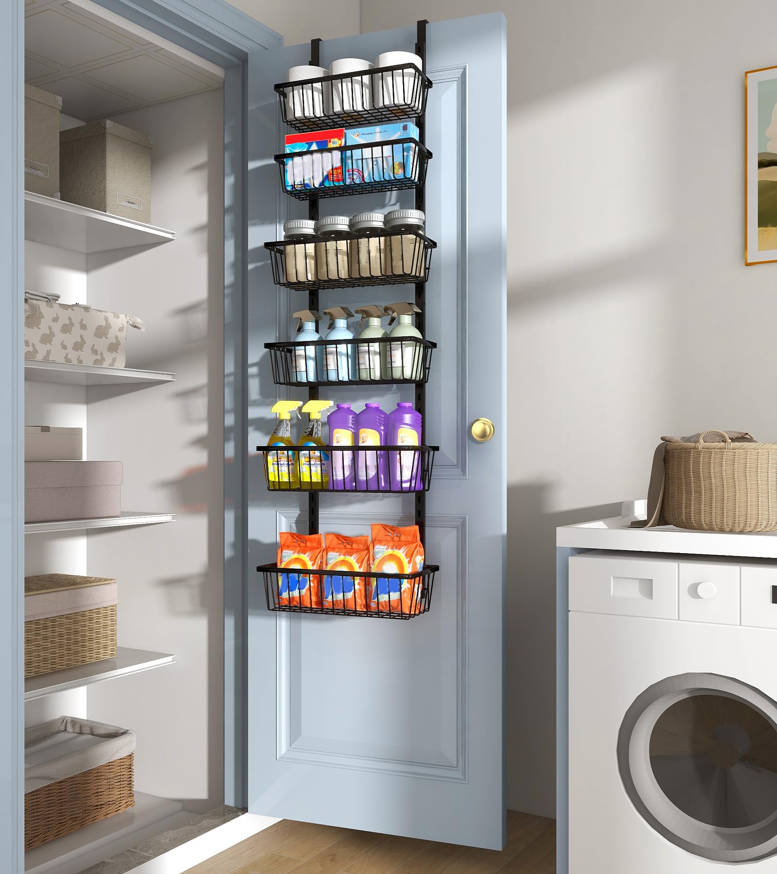 Mefirt Over The Door Pantry Organizer, Wall Mount Spice Rack Deep Baskets